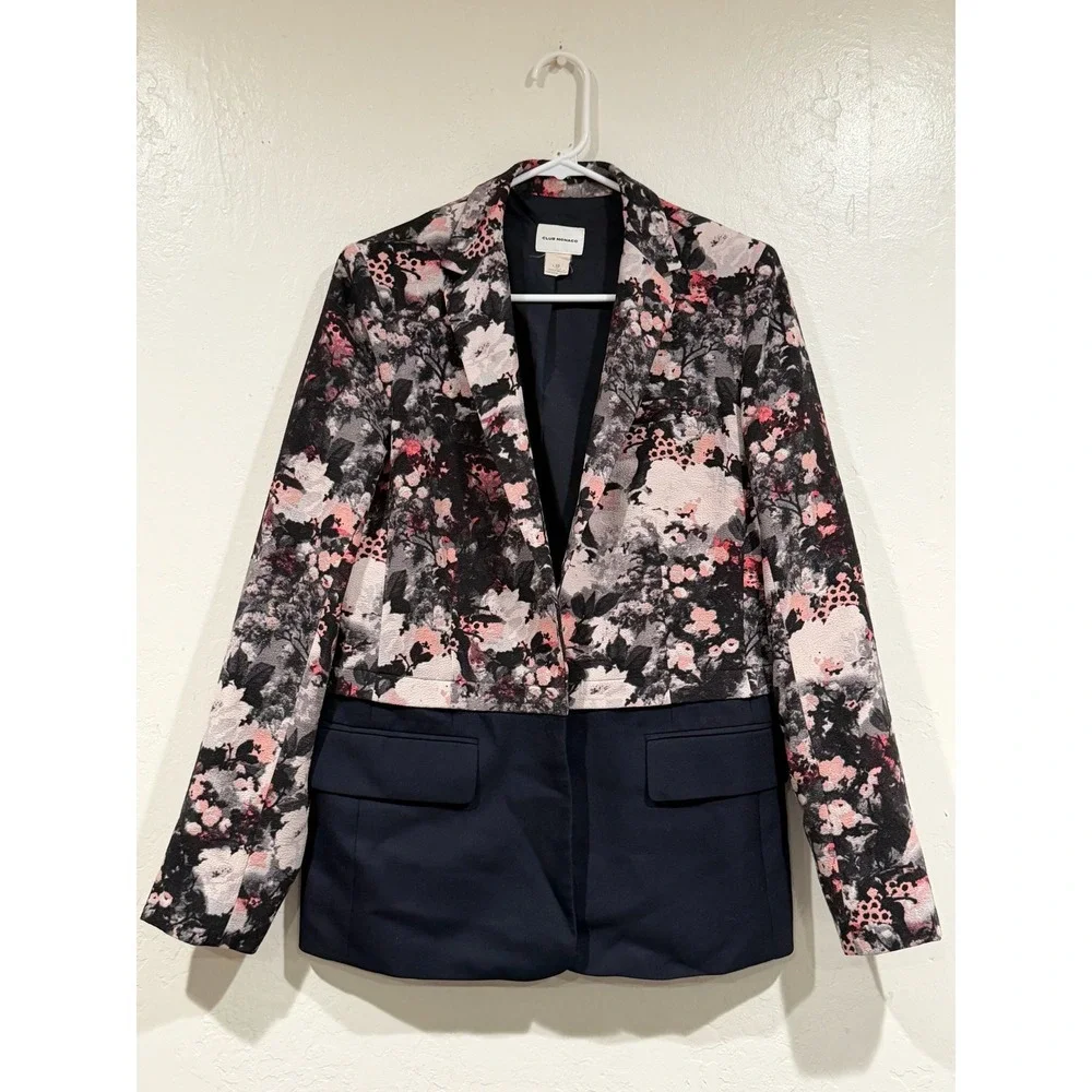 Club Monaco Floral Jacquard Mixed Media Navy Wool Blend Blazer 10 00701712
